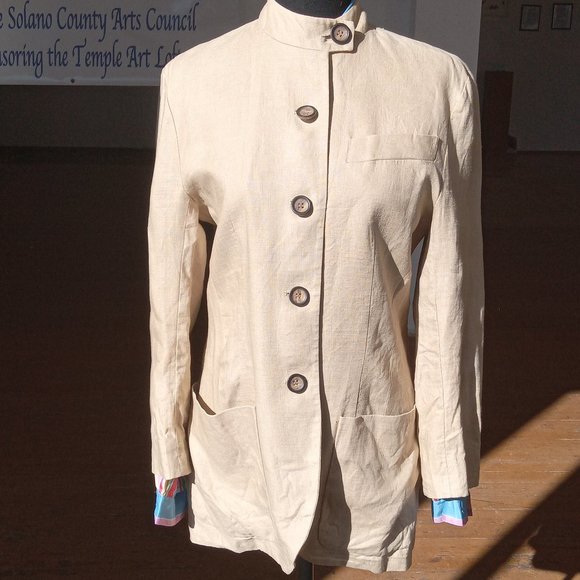 Kenar Jackets & Blazers - Tan High Collar long sleeve Linen